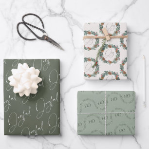 Modern Christmas Joyful Green Wreath Wrapping Paper Sheet