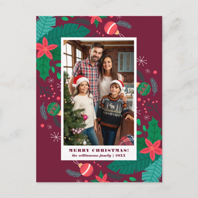 Modern Christmas Leaves | Custom Photo Holiday Postcard (Front)