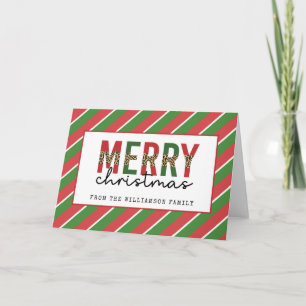 Modern Christmas Leopard Print Red Green Stripes Card