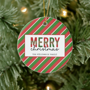 Modern Christmas Leopard Print Red Green Stripes Ceramic Tree Decoration