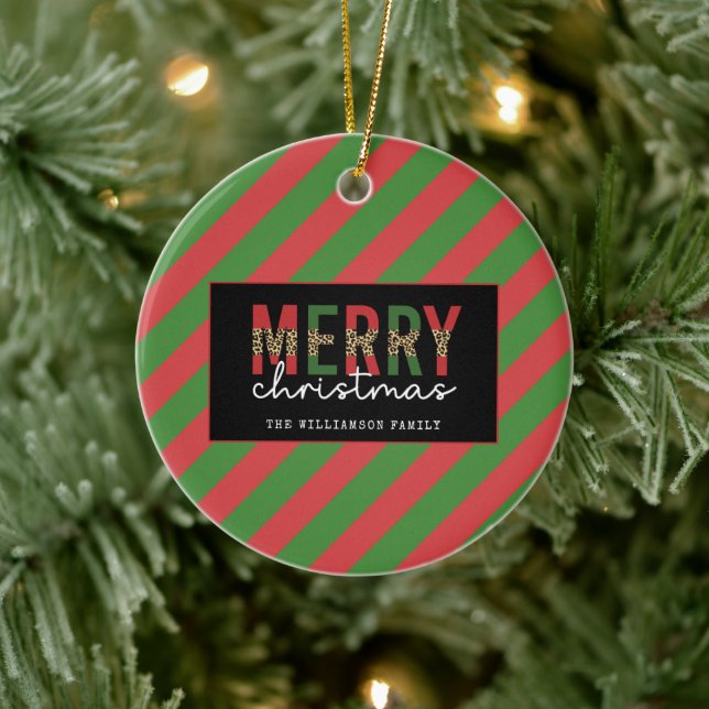 Modern Christmas Leopard Print Red Green Stripes Ceramic Tree Decoration (Tree)