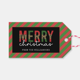 Modern Christmas Leopard Print Red Green Stripes Gift Tags