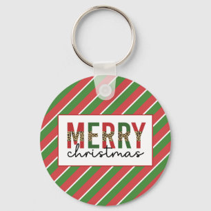 Modern Christmas Leopard Print Red Green Stripes Key Ring
