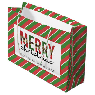Modern Christmas Leopard Print Red Green Stripes Large Gift Bag