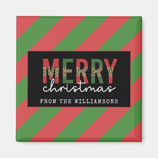 Modern Christmas Leopard Print Red Green Stripes Magnet (Front)
