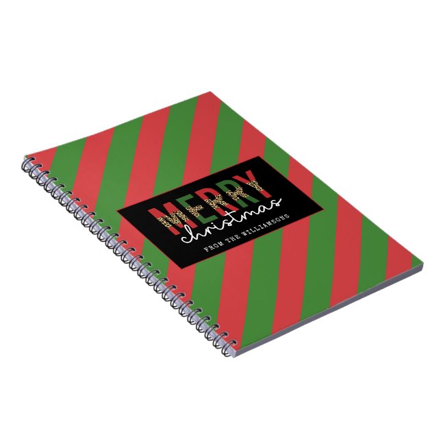 Modern Christmas Leopard Print Red Green Stripes Notebook (Right Side)