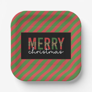 Modern Christmas Leopard Print Red Green Stripes Paper Plate
