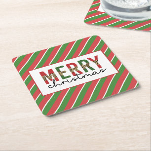 Modern Christmas Leopard Print Red Green Stripes Square Paper Coaster