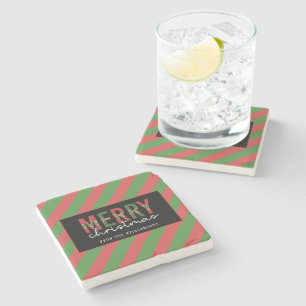 Modern Christmas Leopard Print Red Green Stripes Stone Coaster