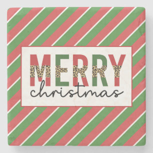 Modern Christmas Leopard Print Red Green Stripes Stone Coaster