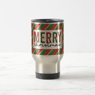 Modern Christmas Leopard Print Red Green Stripes Travel Mug