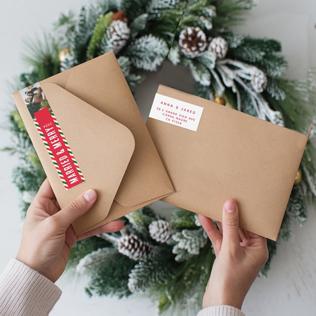 Modern Christmas Married and Merry Photo Address Wrap Around Label (Creator Uploaded)