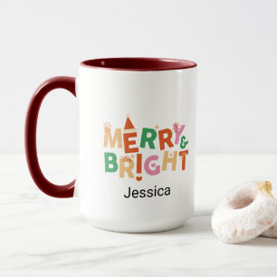 Modern Christmas Merry and Bright Colourful Name Mug