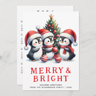 Modern Christmas Merry and Bright Cute Penguins Holiday Card