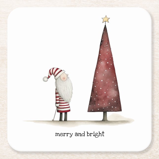 Modern Christmas Merry and Bright Winter Square Paper Coaster (Front)