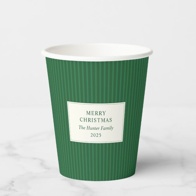 Modern Christmas Minimal Holiday Green Stripes Paper Cups (Front)