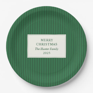 Modern Christmas Minimal Holiday Green Stripes Paper Plate