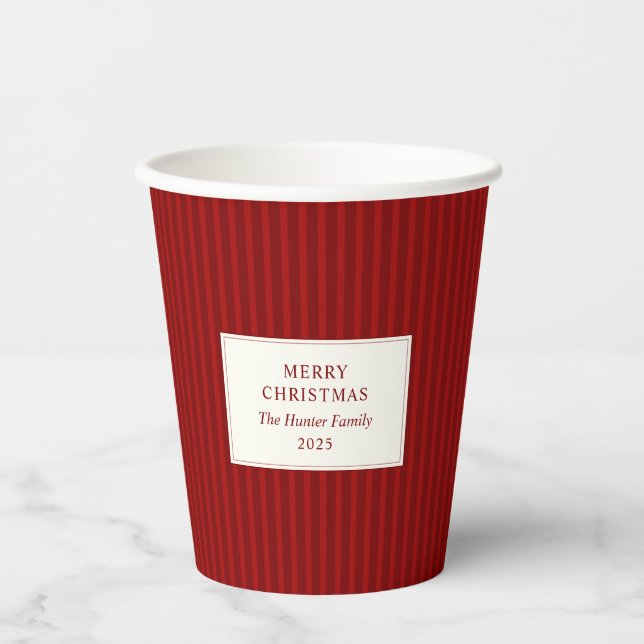 Modern Christmas Minimal Holiday Red Stripes Paper Cups (Front)