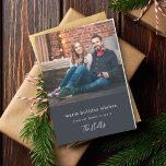 Modern Christmas | Minimal Stylish Couple Photo Holiday Card<br><div class="desc">Stylish modern holiday photo folded photo card with a classic typography quote "warm holiday wishes - from our family to yours" paired with a handwritten script font for your family name in white on a bluish off black background. The greeting and name can be easily customised for a your own...</div>