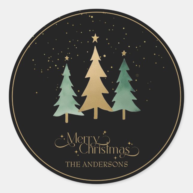 Modern Christmas Minimalist Pine Trees Black Classic Round Sticker (Front)