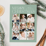 Modern Christmas Mint 9 Photo Collage Holiday Card<br><div class="desc">Modern Christmas photo card featuring "Merry Christmas" displayed at the top of the design in trendy white lettering with a mint background. A photo collage of 9 photos is shown below in a grid-style layout. Personalise the multi-photo Christmas card with your family name. The card reverses to display a mint...</div>