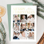 Modern Christmas Mint Green 9 Photo Collage<br><div class="desc">Modern Christmas photo card featuring "Merry Christmas" displayed at the top of the design in trendy gold foil lettering with a white background. A photo collage of 9 photos is shown below in a grid-style layout. Personalise the multi-photo Christmas card with your family name. The foil card reverses to display...</div>