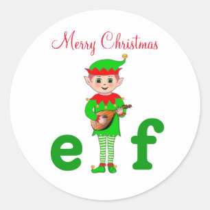 Modern Christmas Musical Elf on White  Classic Round Sticker