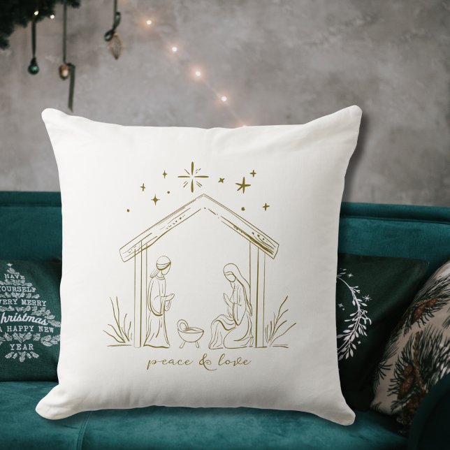 Modern Christmas Nativity peace love religious  Cushion (modern elegant gold Christmas Nativity religious holiday throw pillow room decor gift)