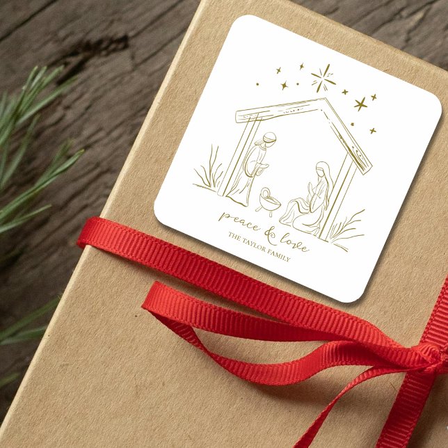 Modern Christmas Nativity peace love religious  Square Sticker (modern elegant gold peace Christmas Nativity Scene personalized custom religious gift sticker labels)