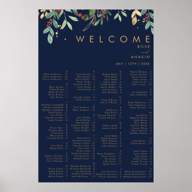 Modern Christmas | Navy Alphabetical Seating Poster (Front)