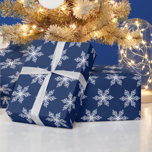 Modern Christmas Navy Blue and White Snowflakes Wrapping Paper (Holidays)