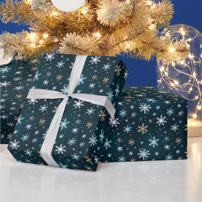 Modern Christmas Navy Snowflakes  Wrapping Paper (Holidays)