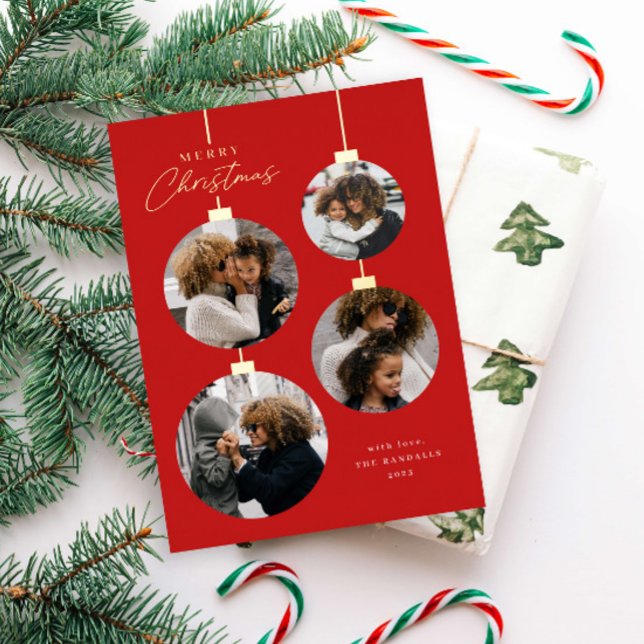 Modern Christmas Ornament 4 Photo Collage (Modern Red Christmas Ornaments 4 Photo Holiday Foil Card.)
