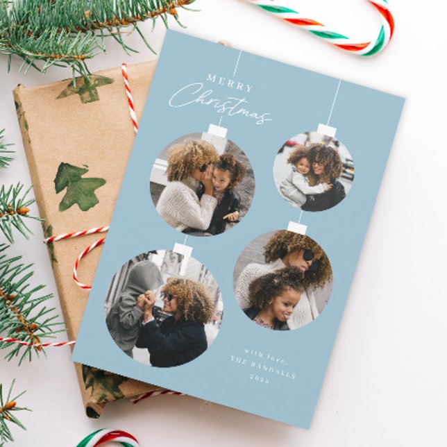 Modern Christmas Ornament 4 Photo Holiday Card (Blue and white 4 photo Christmas ornament holiday card.)