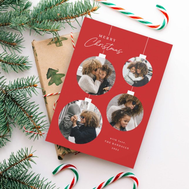 Modern Christmas Ornament 4 Photo Holiday Card (Modern Red and White Christmas Ornament 4 Photo Collage Holiday Cards.)