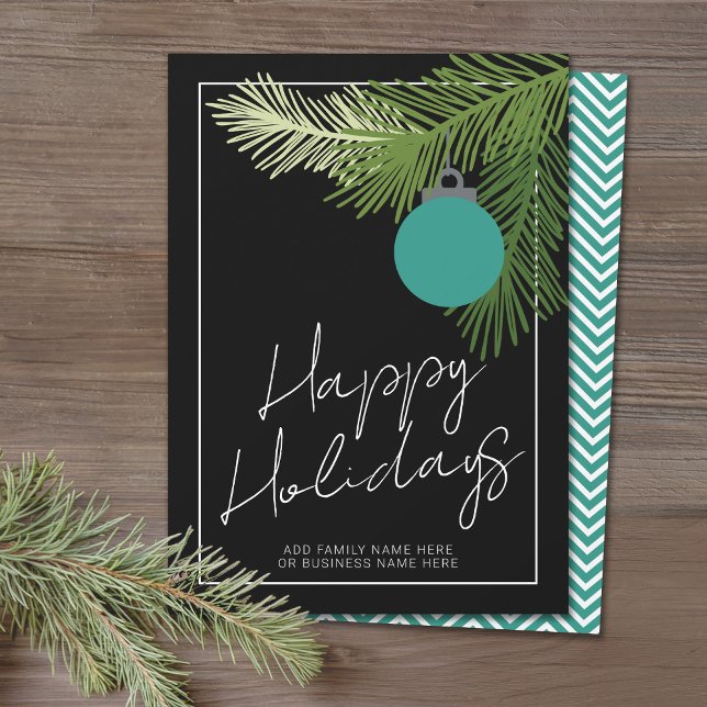 Modern Christmas Ornament - Black Aqua Non Photo Holiday Card (Office Holiday Card - Modern Script Design with Simple Ornament and your logo)