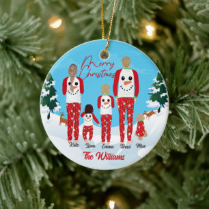 Modern Christmas Pajamas Family of 5 Personalized Ceramic Tree Decoration