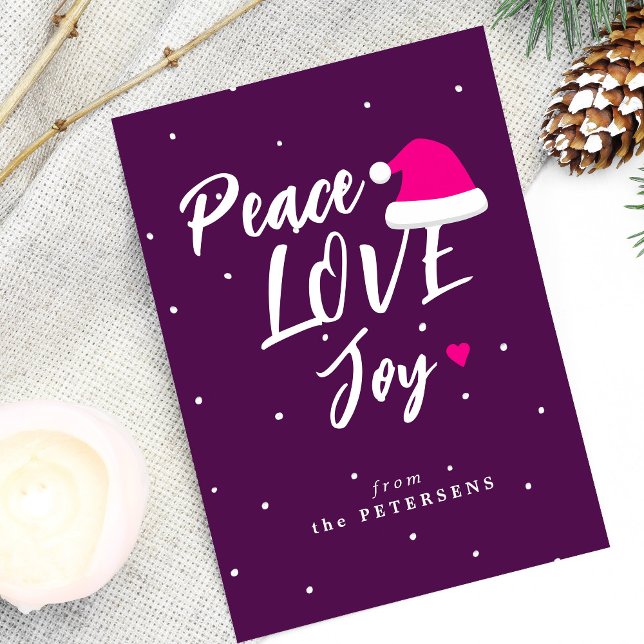 Modern Christmas peace love joy script purple Holiday Card (Creator Uploaded)