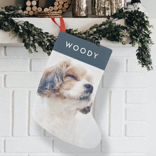 Modern Christmas Pet   Minimal Dog Photo Navy Blue Small Christmas Stocking