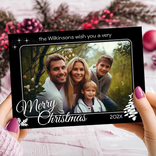Modern Christmas Photo Black Holiday Card (Modern Christmas Photo Black Personalized Custom Holiday Card)