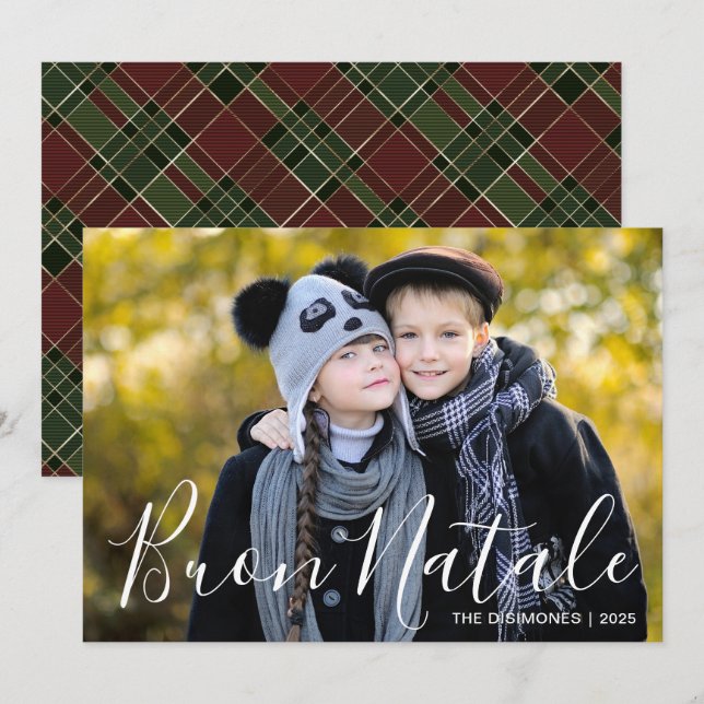 Modern Christmas Photo Buon Natale Plaid Holiday Card (Front/Back)