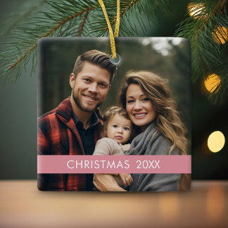 Modern Christmas - Photo Year and Pink Stripe Ceramic Ornament