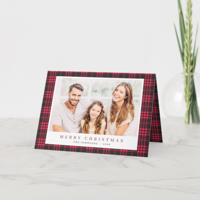 Modern Christmas Pink Black Plaid Tartan Pattern Holiday Card (Front)
