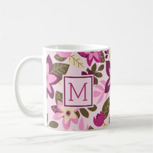 Modern Christmas Pink Floral Monogram Holiday Coffee Mug
