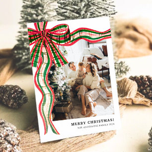 Modern Christmas Plaid Bow Family Photo Holiday C