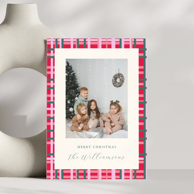 Modern Christmas Plaid Red Green Family Photo Holiday Card (Creator Uploaded)