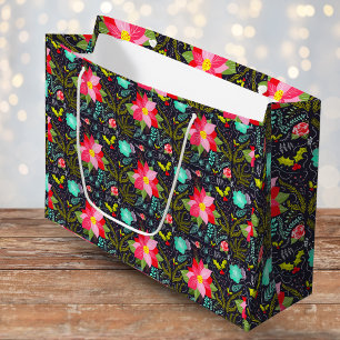 Modern Christmas Poinsettia Pattern Large Gift Bag