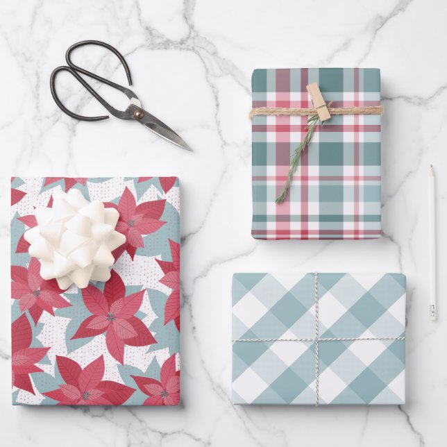 Modern Christmas Poinsettia Plaid Wrapping Paper Sheet (Front)