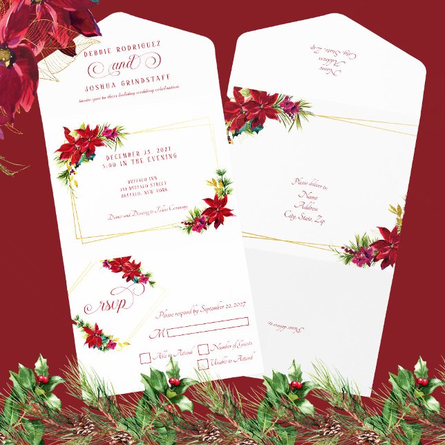 Modern Christmas Poinsettia Wedding All In One Invitation (Creator Uploaded)