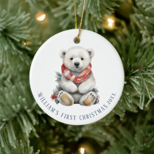 Modern Christmas Polar Bear with Red Scarf Round Ceramic Tree Decoration